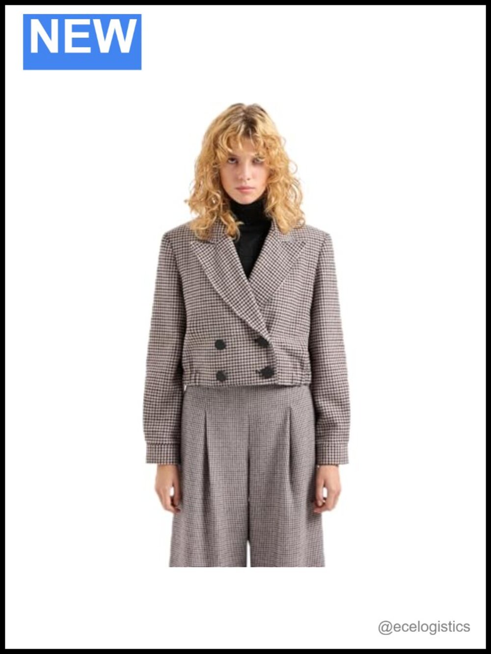Women's Wool Blend Cropped Double Breasted Blazer Houndstooth Print